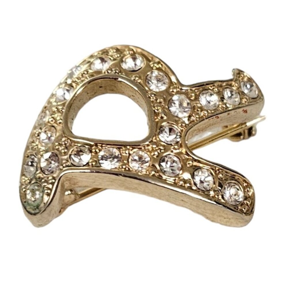 Gold Tone Clear Rhinestone Letter R Brooch Pin L141 - Picture 3 of 8